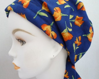 Royal Blue Floral Cotton Cancer Chemo Cotton Hat Scarf Cap Head Wrap Alopecia Turban Bad Hair Day