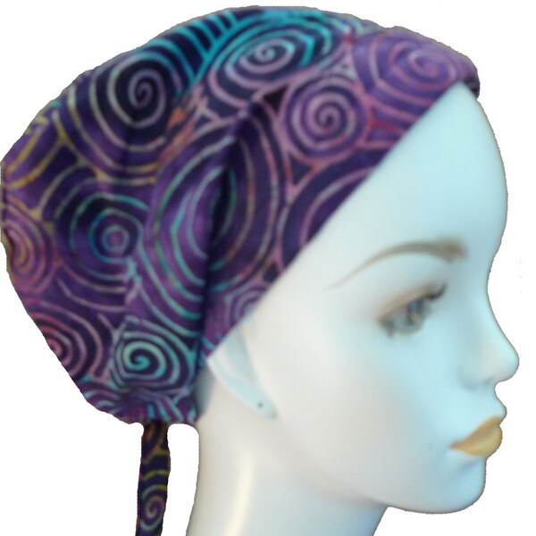 Purple Hand Dyed Batik Cancer Hat Chemo Scarf Head Wrap Hair Loss Head Cover Bad Hair Day Calypso 28 Nurses Scrub Surgical Cap