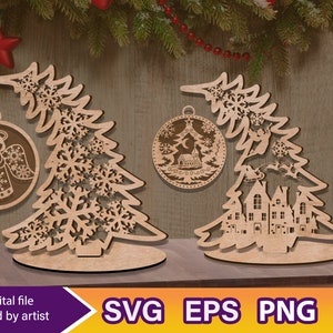 Szopka svg, wycinane laserowo drzewko i stojak na szopkę, choinka svg, plik SVG do wycinania dekoracji świątecznych Glowforge Laser Cut Plan”
