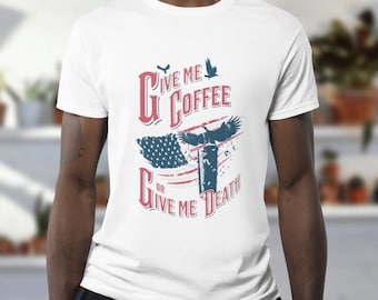 Maglietta grafica patriottica per amanti del caffè per uomini e donne / Bandiera americana, Aquila calva, Abbigliamento per tossicodipendenti da caffeina