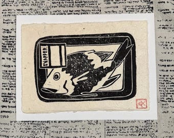 Hand Carved Snapper Fish Print, Black Ink on Lokta Paper (5x7in)