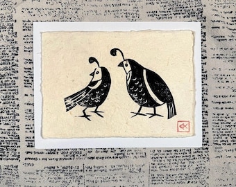 Hand Carved Quail Print, Black Ink on Lokta Paper (5x7in)