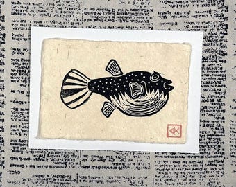 Hand Carved Fish Print, Black Ink on Lokta Paper (4x6in)