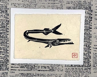 Hand Carved Needlefish Print, Black Ink on Lokta Paper (5x7in)