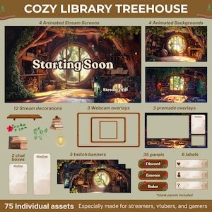 May include: A digital illustration of a cozy library treehouse with a variety of assets for streamers, including animated backgrounds, stream screens, overlays, panels, and labels. The illustration features a treehouse with a large window, bookshelves, and a cozy armchair. The text "Starting Soon" and "Stream Offli" are visible in the illustration.