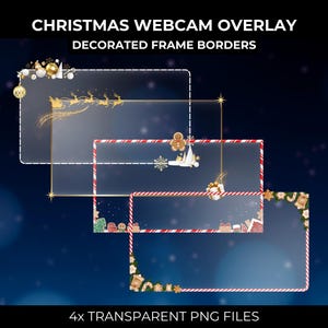 May include: Four transparent PNG files of Christmas webcam overlays with decorated frame borders. The borders feature red and white candy cane stripes, gold reindeer, and gingerbread cookies.