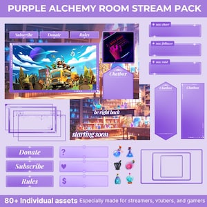 Könnte beinhalten: Lila und weißes Twitch-Stream-Overlay-Paket mit einer Cartoon-Illustration eines lila Raumes mit Tränken und einem Bücherregal. Der Text "Purple Alchemy Room Stream Pack" befindet sich oben im Bild. Der Text "80+ Individual assets Especially made for streamers, vtubers, and gamers" befindet sich unten im Bild.