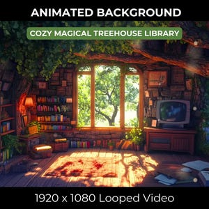 Cozy Treehouse Library Twitch Book Lover Virtual Desktop Animated Background Autumn VTuber Pack Japanese Anime Stream Overlay for Streamers
