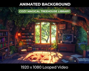 Cozy Treehouse Library Twitch Book Lover Virtual Desktop Animated Background Autumn VTuber Pack Japanese Anime Stream Overlay for Streamers
