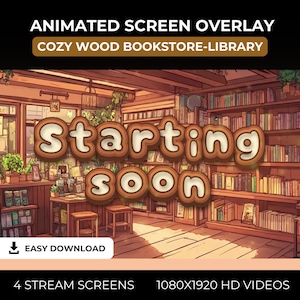 Pode incluir: Sobreposição de tela animada com um tema de livraria-biblioteca aconchegante. O texto "Starting soon" é exibido em uma fonte marrom de desenho animado. A imagem apresenta uma estante cheia de livros, pisos de madeira e uma janela com vista para uma planta verde.