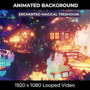 May include: Animated background featuring a magical treehouse with glowing windows and a wooden bridge. The treehouse is nestled in a lush forest with a vibrant purple and blue sky. The text "Enchanted Magical Treehouse" is displayed above the treehouse.
