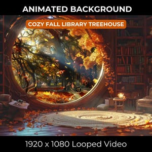 Puede incluir: Una acogedora biblioteca en forma de casa del árbol con una gran ventana redonda que da a un bosque de otoño. La ventana está enmarcada con madera y enredaderas. La habitación está llena de estanterías y un cómodo sofá. El suelo está cubierto de hojas caídas. El texto "Cozy Fall Library Treehouse" se muestra sobre la ventana. El texto "1920 x 1080 Looped Video" se muestra debajo de la imagen.