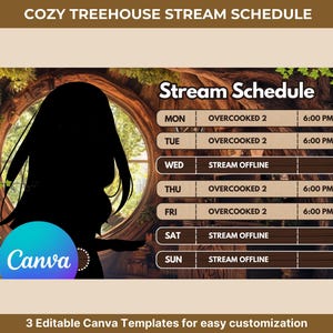 Biblioteca Wood Cottagecore Treehouse, programación semanal de transmisiones, paquete de fondo virtual de Twitch Vtuber, plantilla de Canva para streamers y gamers