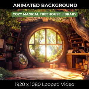 May include: A cozy treehouse library with a large round window overlooking a lush green forest. The room is filled with bookshelves, a wooden desk, and a warm, inviting atmosphere. The text "Cozy Magical Treehouse Library" is displayed above the window.