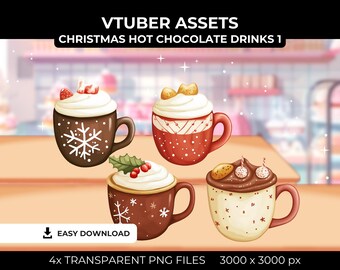 May include: Four illustrated Christmas hot chocolate drinks in mugs with various toppings. The mugs are decorated with snowflakes, candy canes, and other festive designs. The background is a blurred image of a bakery.
