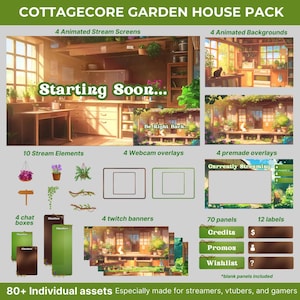 May include: A digital illustration of a cottagecore garden house pack for streamers, YouTubers, and gamers. The pack includes 4 animated stream screens, 4 animated backgrounds, 10 stream elements, 4 webcam overlays, 4 premade overlays, 4 chat boxes, 4 Twitch banners, 70 panels, and 12 labels. The image features a kitchen with a window, a table, and a chair. The text "Starting Soon..." is displayed on the screen.