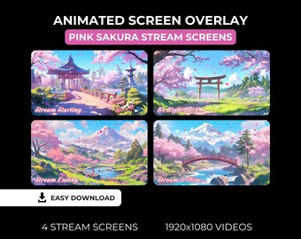 Fleurs de cerisier roses japonais printemps Sakura Anime botanique fantaisiste Twitch Stream paquet de superposition d'écran VTuber fond animé japonais