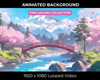 Superposition animée de contractions de Sakura Bridge, fond floral Vtuber, lunatique botanique, fleur rose, nature japonaise, printemps, papier peint