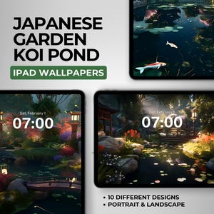 Giardino fantasy giapponese Stagno di carpe Koi Foresta magica Natura botanica Sfondo digitale Sfondo per tablet Apple iPad Sfondo virtuale