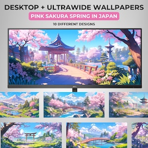 May include: Ten different digital desktop and ultrawide wallpapers featuring a pink sakura spring scene in Japan. The wallpapers feature a variety of landscapes, including mountains, rivers, bridges, and cherry blossom trees.