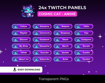 Painel para Twitch com Gato Anime Cósmico / Fofo / Gradiente / Gato Galáxia / Painel para Stream / Pacote de Painéis