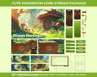 Ghibli Mushroom Cutecore Forest Twitch Cozy Stream-skärmpaket Cottagecore Animerad bakgrundsskärm VTuber-överlägg Chatbox Webcam-ram