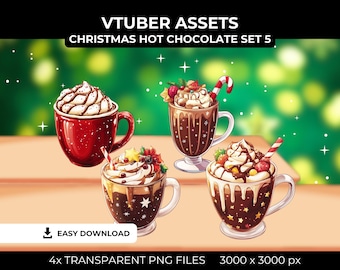 May include: Four digital illustrations of Christmas hot chocolate drinks with various toppings, including whipped cream, candy canes, and sprinkles. The illustrations are in a cartoon style and have a transparent background.