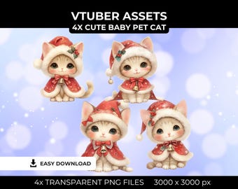 Archivo PNG de gato navideño kawaii para VTuber / Lindo gato navideño para fiestas, decoración navideña para streaming, avatar de VTuber para Twitch y OBS, PNG prefabricado para Discord