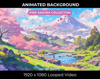 May include: Animated background featuring a pink sakura tree, a mountain range, and a river. Pink petals fall from the trees and the sky is blue with white clouds. The text "PINK SAKURA COLLECTION" is at the top of the image. The text "1920 x 1080 Looped Video" is at the bottom of the image.