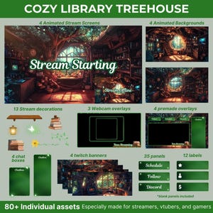 Magical Green Treehouse Library Stream Package Animated Overlays Panels Webcam Frame VTuber Chatbox Cozy Cottagecore Aesthetic for Streamers