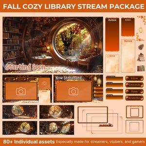 May include: A digital illustration of a cozy library with a large window overlooking a forest. The image is in warm autumn colors and includes a variety of elements, such as bookshelves, a fireplace, and a comfy armchair. The text "Starting Soon..." and "Now Streaming..." is displayed on the image. This is a digital download of a stream package for streamers, vtubers, and gamers.