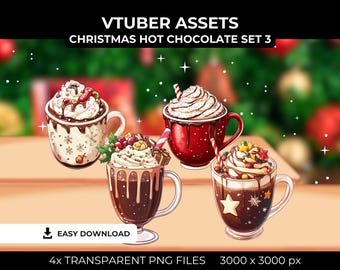 May include: Four digital illustrations of hot chocolate drinks with festive Christmas toppings. The drinks are in mugs with different designs. The illustrations are on a light brown background.