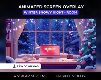 LOFI Noche nevada de invierno Habitación acogedora Fondo animado Pantalla de transmisión de Twitch Superposición de invierno Estética VTuber Superposición navideña OBS