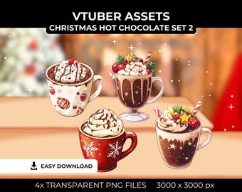 May include: Four digital illustrations of Christmas-themed hot chocolate drinks. Each mug has a different design with red, white, and green colors. The text "VTUBER ASSETS CHRISTMAS HOT CHOCOLATE SET 2" is at the top of the image.