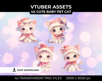 Adorable Christmas White Cat VTuber Asset | Kawaii Holiday Kitten PNG | Festive Streaming Decor | OBS & Twitch Ready Premade PNG for Discord