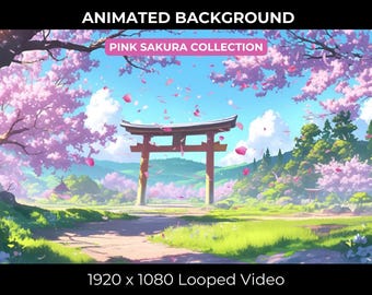 May include: Animated background video featuring a pink cherry blossom tree, a traditional Japanese torii gate, and falling cherry blossoms. The video is 1920 x 1080 pixels and is part of the Pink Sakura Collection.