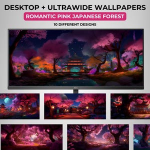 Sfondo desktop magico della natura della foresta di Sakura con fiori di ciliegio giapponesi, scena romantica, sfondo virtuale ultrawide zoom stream di San Valentino