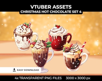 May include: Four digital illustrations of Christmas hot chocolate drinks. Each drink has a different design and topping. The drinks are in mugs and are set against a gold background.  VTUBER ASSETS CHRISTMAS HOT CHOCOLATE SET 4