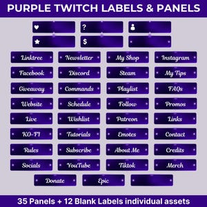 Puede incluir: Paneles y etiquetas moradas de Twitch con varias opciones de texto, incluyendo "Linktree", "Newsletter" y "My Shop". El diseño presenta un fondo morado oscuro con acentos de estrellas blancas. La imagen incluye 35 paneles y 12 etiquetas en blanco.