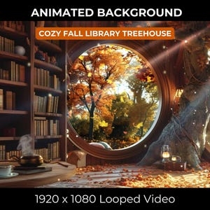May include: A cozy library treehouse with a large round window overlooking a fall forest. The room is filled with bookshelves and a warm, inviting atmosphere. The window is framed by a wooden archway and the treehouse is decorated with autumn leaves and a lantern.