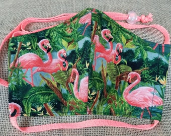 Tropical Flamingos - Washable Reusable Face Mask w/ Nose Wire and Filter Pocket - Made in the USA - Adult Size