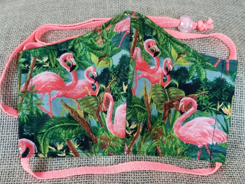 Tropical Flamingos Washable Reusable Face Mask w/ Nose Wire and Filter Pocket Made in the USA Adult Size image 1
