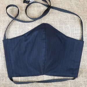 Black with Blue Pinstripe Washable Reusable Face Mask w/ Nose Wire and Filter Pocket Made in the USA Adult Size image 2