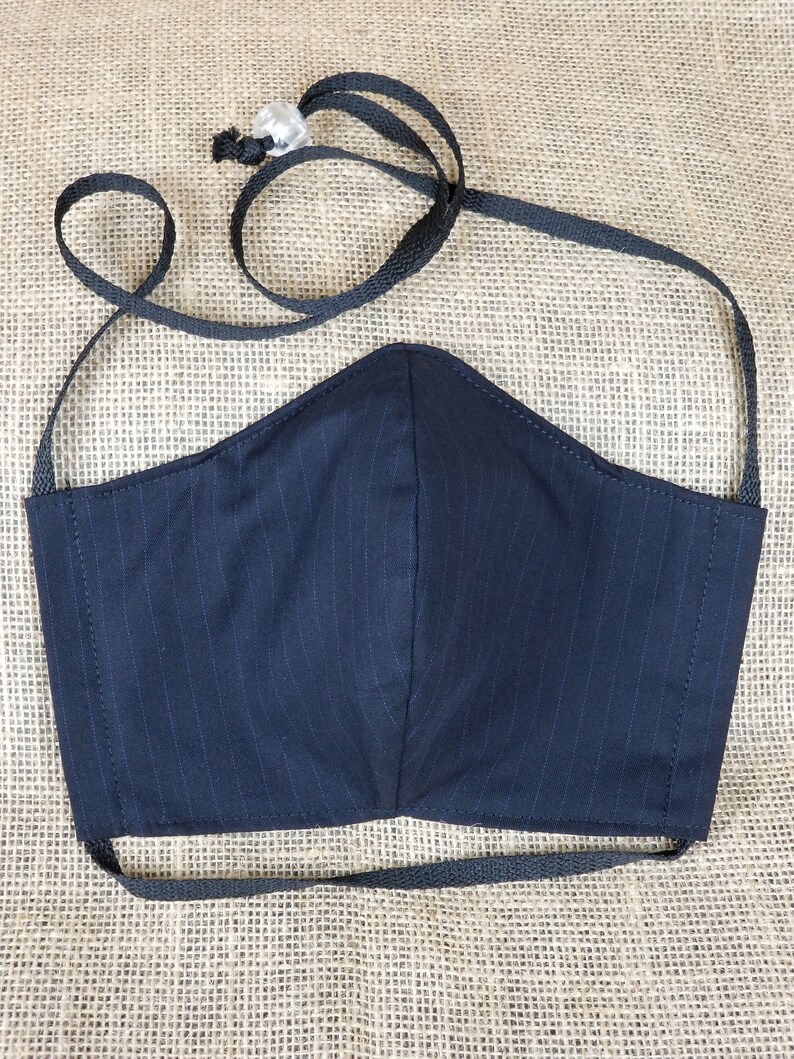 Black with Blue Pinstripe Washable Reusable Face Mask w/ Nose Wire and Filter Pocket Made in the USA Adult Size image 2