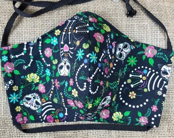 Cat Sugar Skulls - Washable Reusable Face Mask w/ Nose Wire and Filter Pocket - Made in the USA - Adult Size