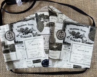 Vintage French Ephemera  - Washable Reusable Face Mask w/ Nose Wire and Filter Pocket - Made in the USA - Adult Size