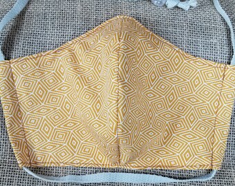 Mustard and Cream Geometric - Washable Reusable Face Mask w/ Nose Wire and Filter Pocket - Made in the USA - Adult Size