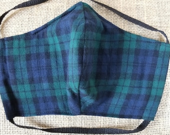 Blackwatch Plaid Flannel - Washable Reusable Face Mask w/ Nose Wire and Filter Pocket - Made in the USA - Adult Size