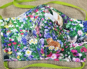 Cats in Fields of Flowers - Washable Reusable Face Mask w/ Nose Wire and Filter Pocket - Made in the USA - Adult Size