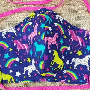Unicorns on Navy Washable Reusable Face Mask w/ Nose Wire and Filter Pocket Made in the USA Adult Size image 1